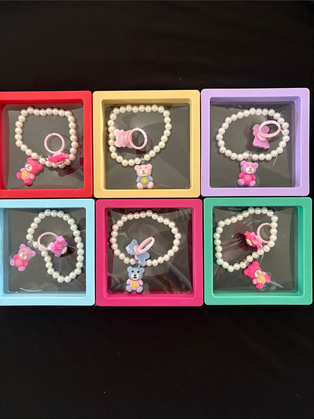 Kids Pearl Bead Teddy Bracelet and Ring Set - Set Of 6